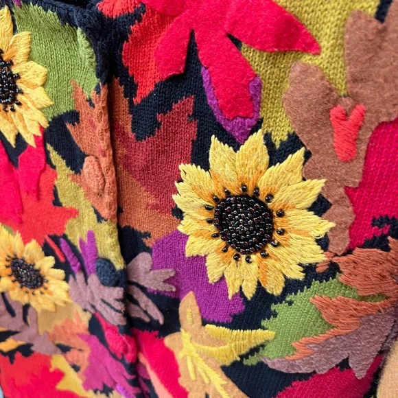 Michael Simon Fall Leaves Sunflower Knit Cardigan M Autumnal Sweater - Picture 2 of 4